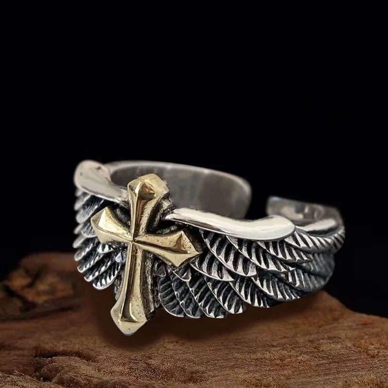 Retro Cross Feather Graffiti Ring For Men Punk Gothic Adjustable Ring Handmade Rock Hiphop Unisex Jewelry Accessories Man Gift