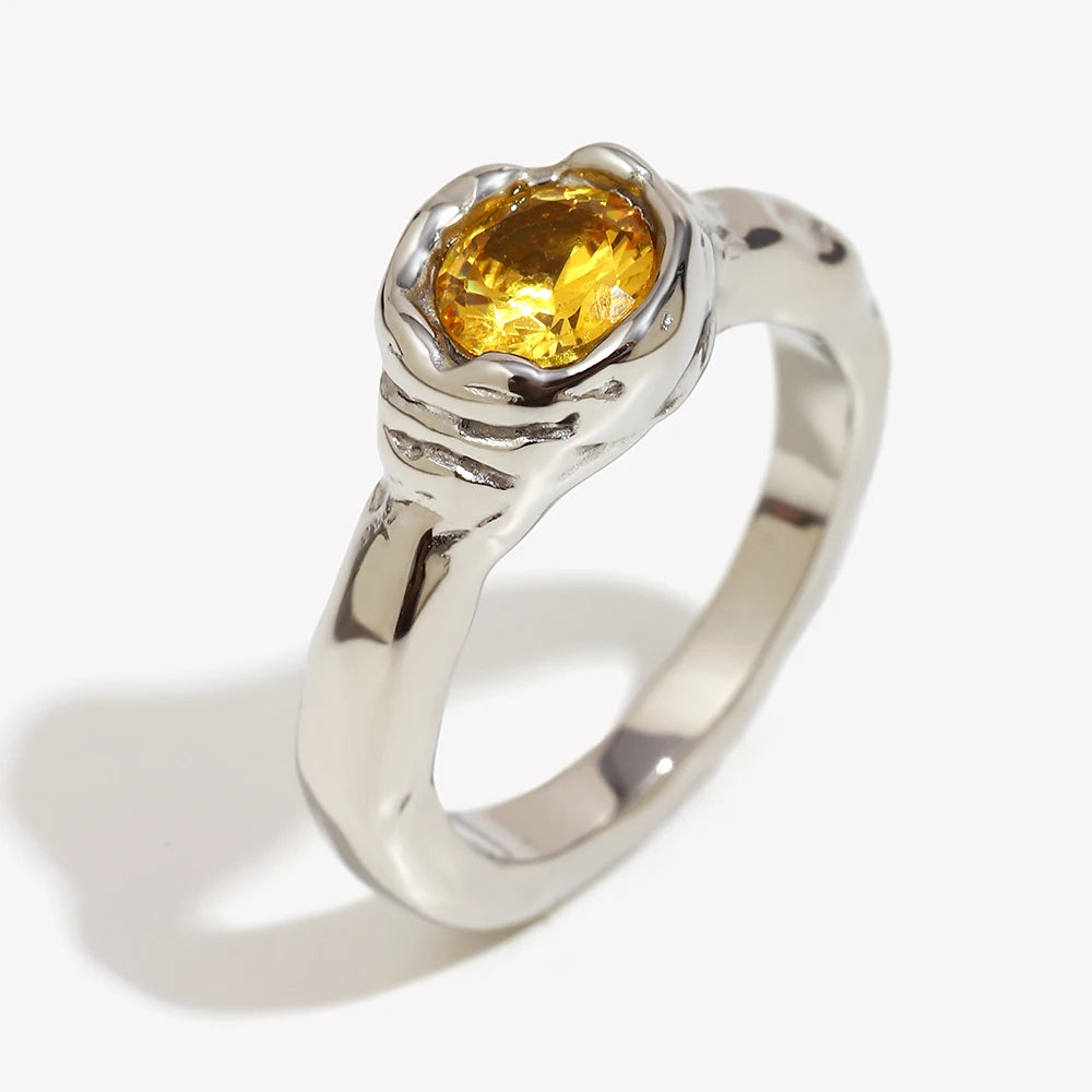 E.B.belle Fashion Women's Shiny Single Champagne Color Zircon Thin Rings Gold Plated Stainless Steel  Jewelry Accessories