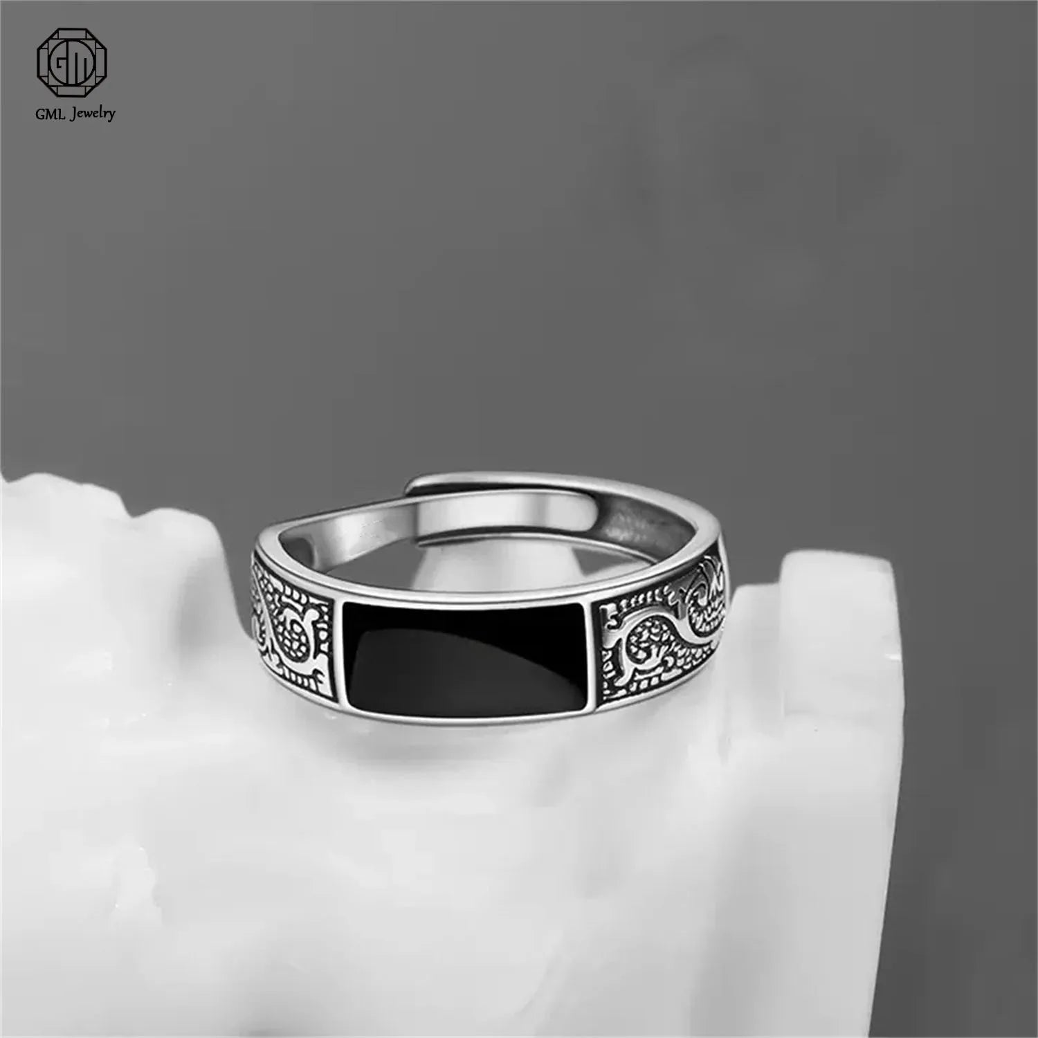 Black Onyx Dragon Pattern Ring Open Adjustable Band Intricate Cutout Design Vintage Gothic Jewelry Gift for Men Masculine
