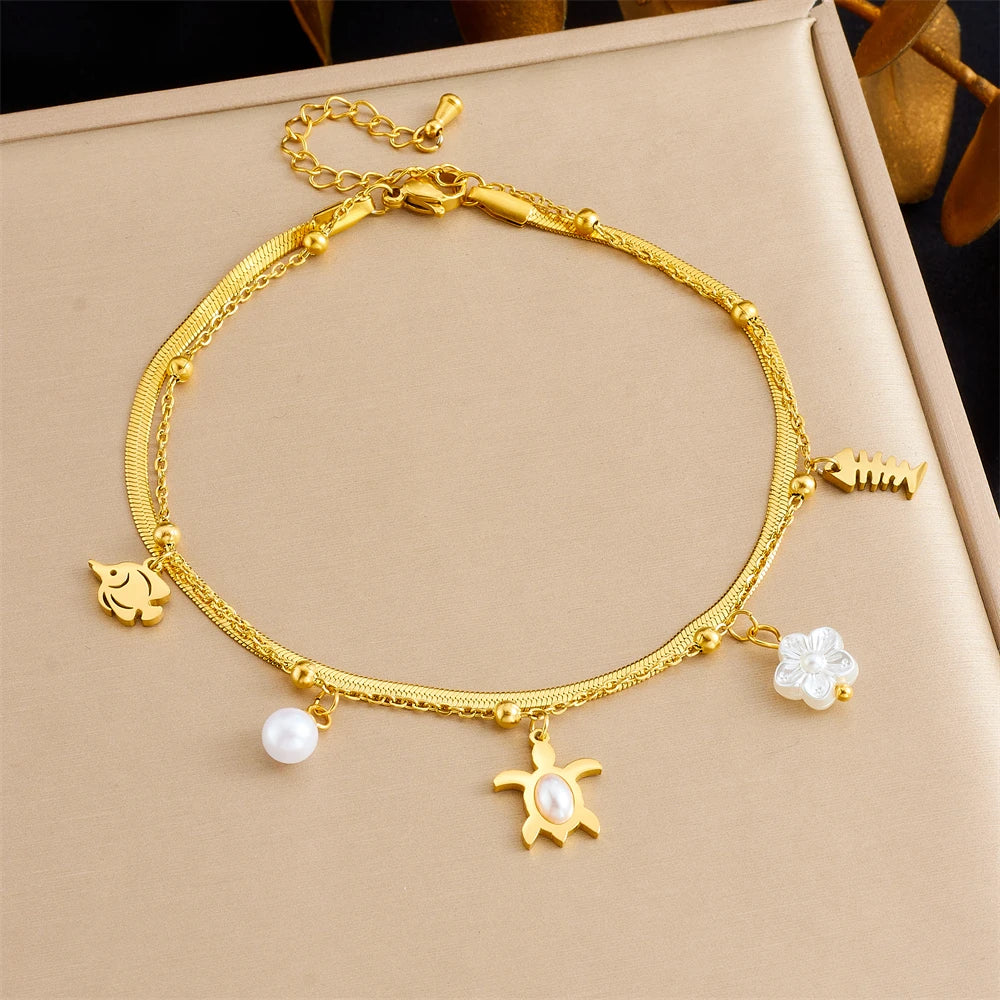 DIEYURO 316L Stainless Steel Sea Shell Starfish Pearl Ocean Series Anklets For Women Trend Foot Chains Anti-Rust Jewelry Gift