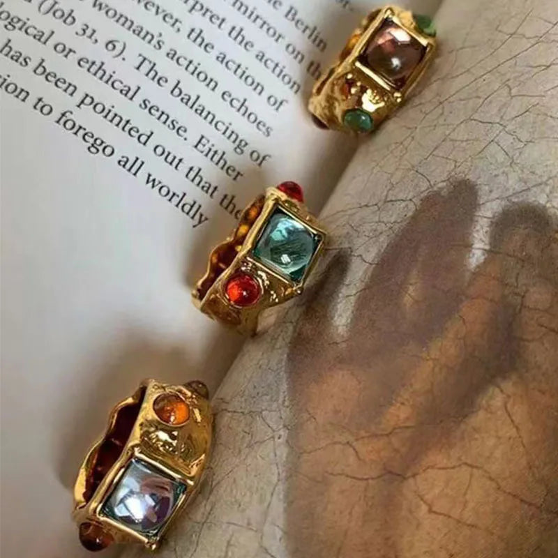 New Punk Tide Individuality Retro Geometric Hollowing Inlay Gem Rings SetLiquid State Metal Three-Piece Rings Set Paty Jewelry