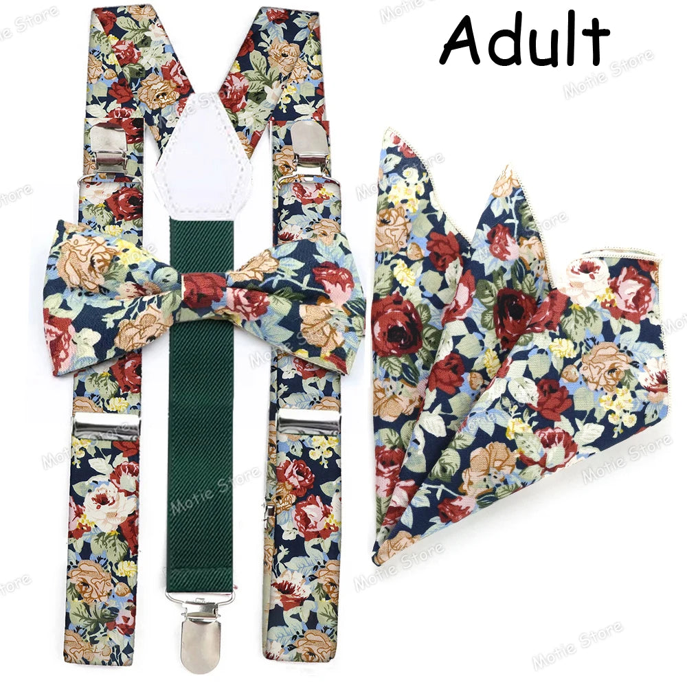 3-Piece Set With Square Scarf And Printed Floral Cotton Bowtie Suspender  For Parents-Kids Bowtie Suspender As Shirt Accessory