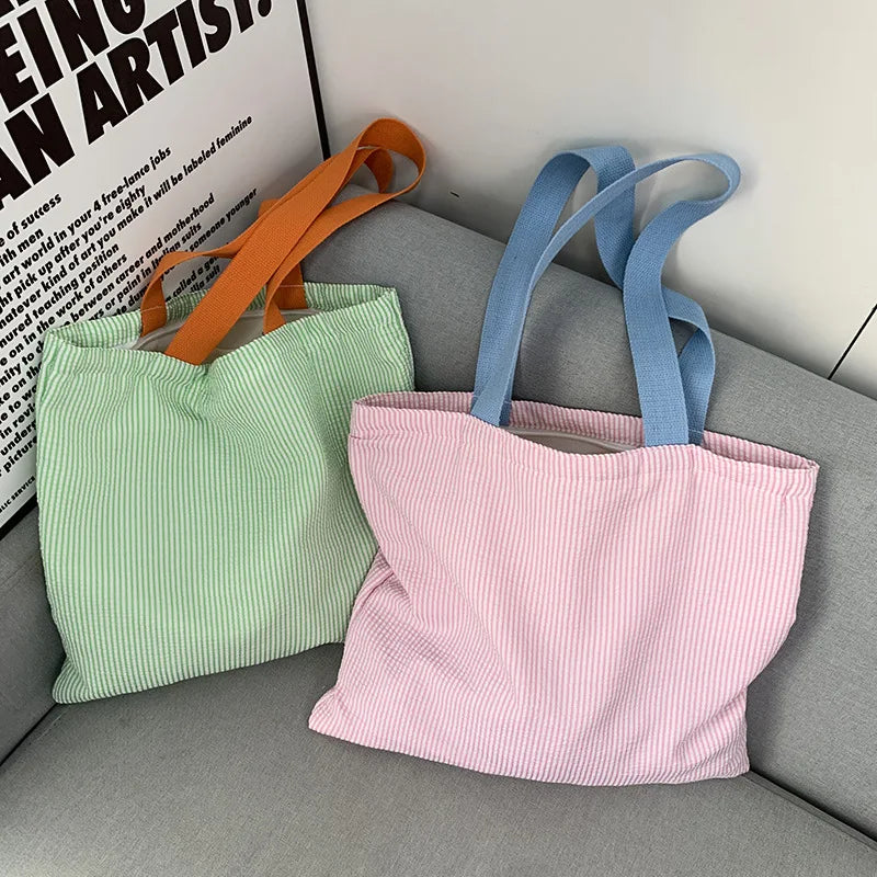 Stripe Contrast Color Women's Canvas Shoulder Bag Large Capacity CollegeBook Tote Zipper Handbags Simple Commuter Shopping Bag