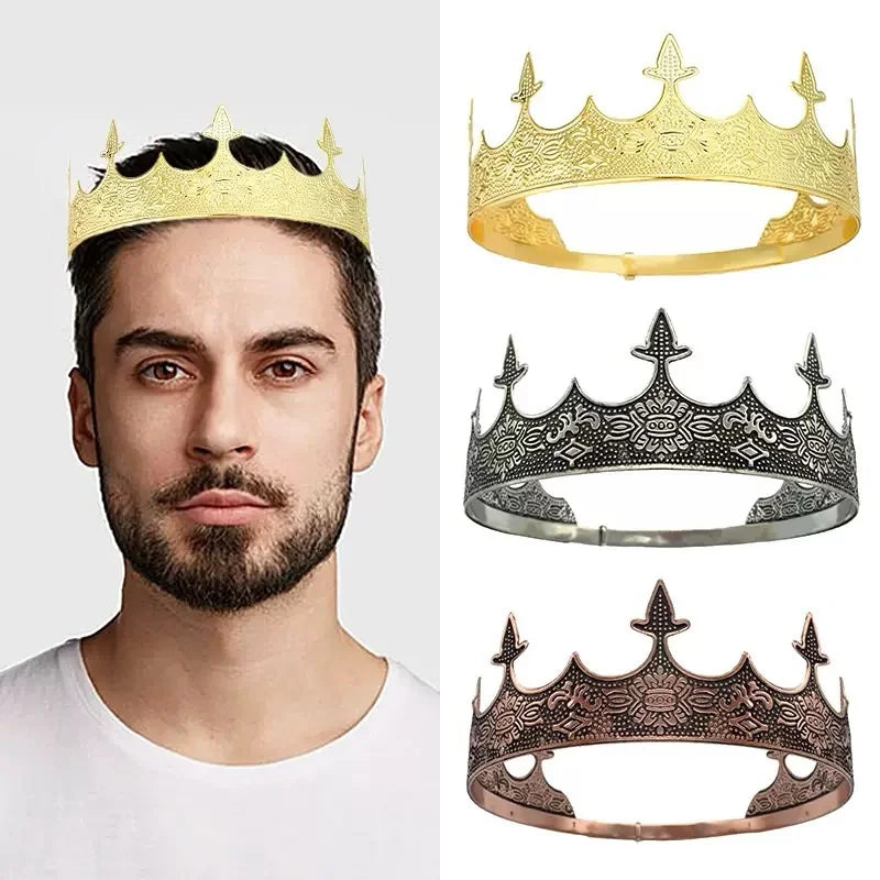 Alloy King Crown for Men Royal King Queen Crown Metal Prince Tiaras Full Round Birthday Party Hats Costume Jewelry Accessories