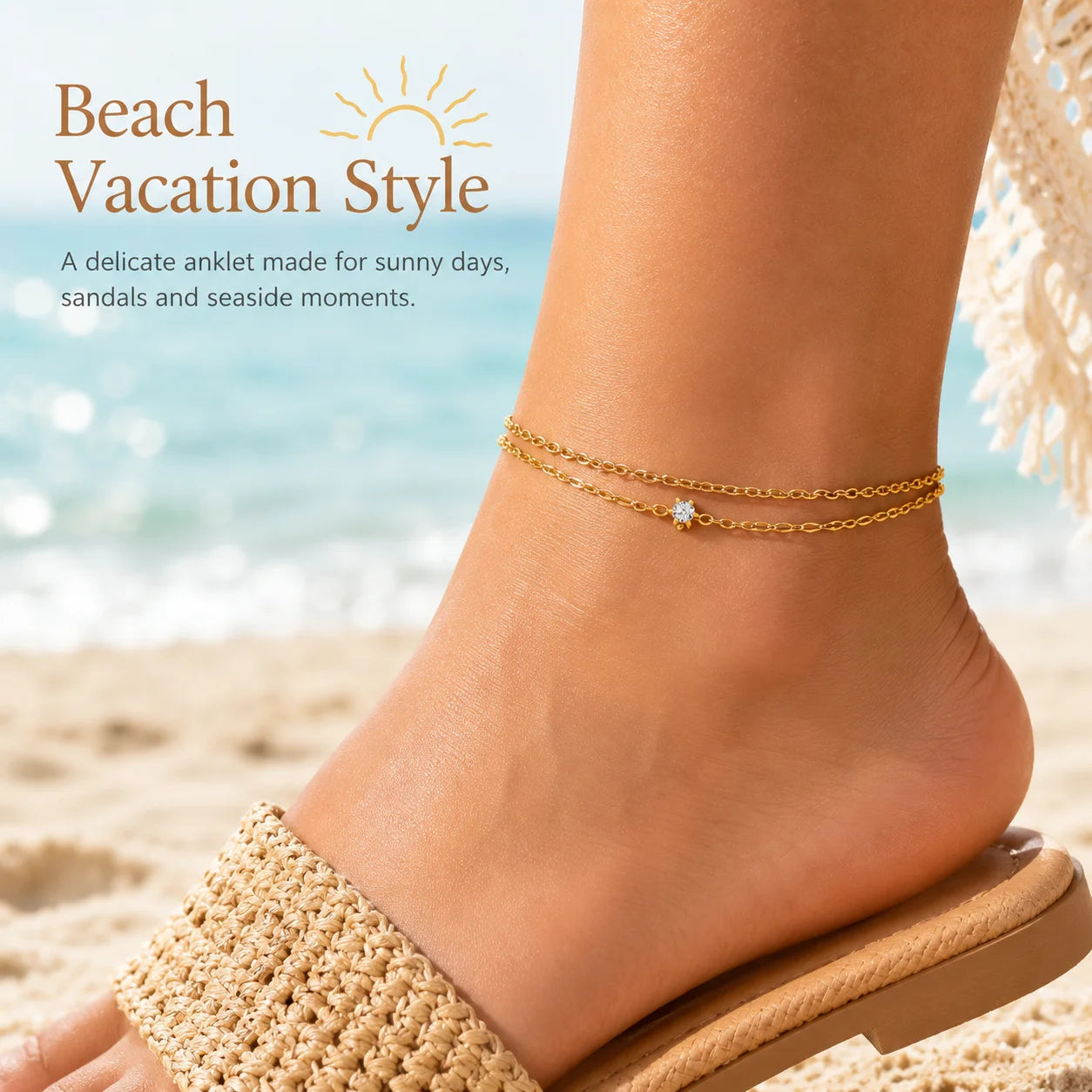 Waterproof Layered Anklet Bracelet for Women, Adjustable Gold Plated with Zirconia Stainless Steel Link Foot Chain Jewelry