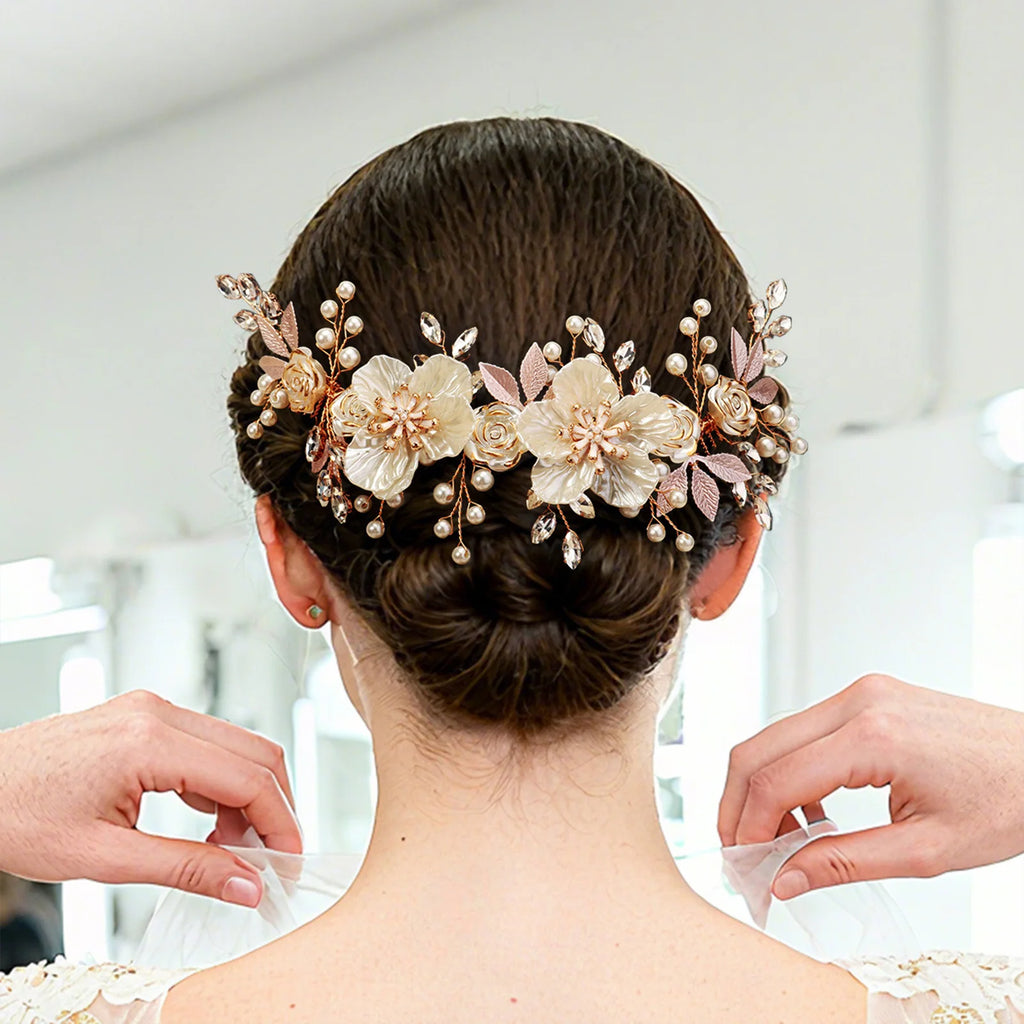 Bridal Hair Comb Pearl Tiaras for Women Wedding Hair Accessories Fashion Flower Hairpin Girl Lady Hairband Marriage Hair Jewelry