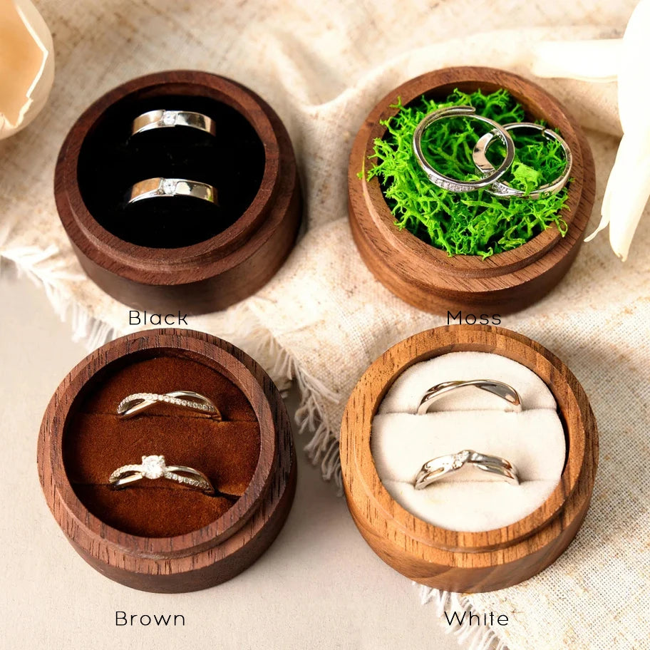 Free Custom Logo Walunt Wood Ring Box Wooden Engraving Wedding Proposal Engagement Round Wood Free Custom Name and Date Ring Box