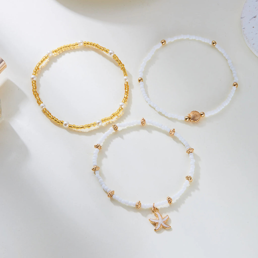 Multilayer Starfish Imitation Pearl Anklet for Women Conch Turtle Polymer Clay Beads Bracelet on the Leg Lucky Evil Eye Jewelry