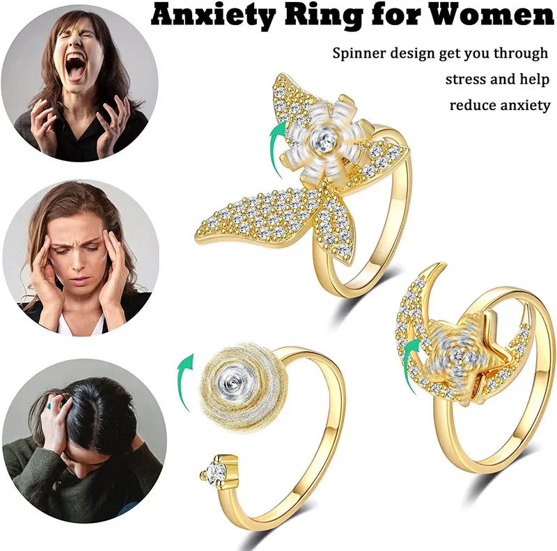 Luxury Butterfly Sunflower Fidget Spinner Ring Anxiety for Women Crystal Flower Anxiety Finger Rings Anti Stress Wedding Jewerly