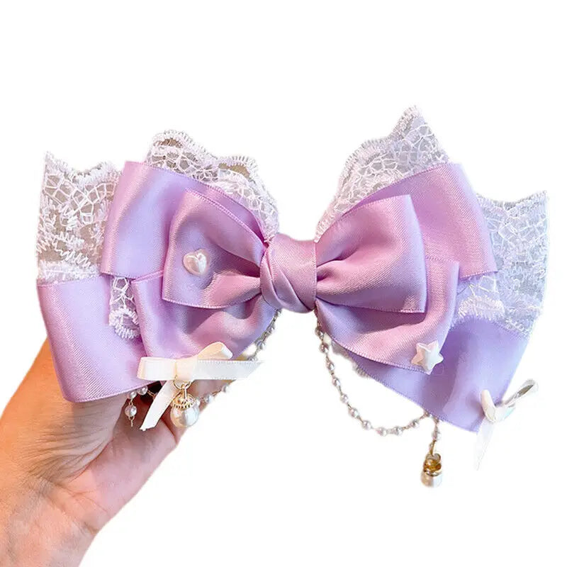 Lolita Bow Lace Hair Clip Headpiece Cosplay Headwear Women Hair Accessories Lolita Handmade Lace Pearl Hair Band Headband Bow