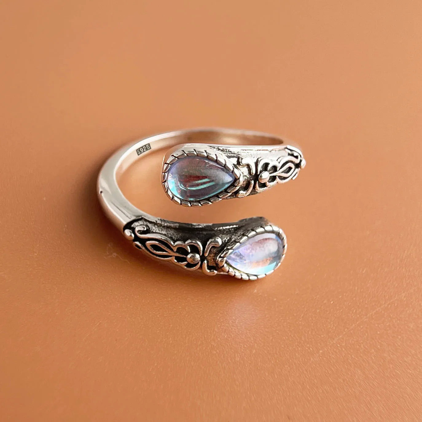 925 Sterling Silver Rings For Women Geometric Fine Jewelry Finger Adjustable Vintage BLue Stone Ring For Party Birthday Gift