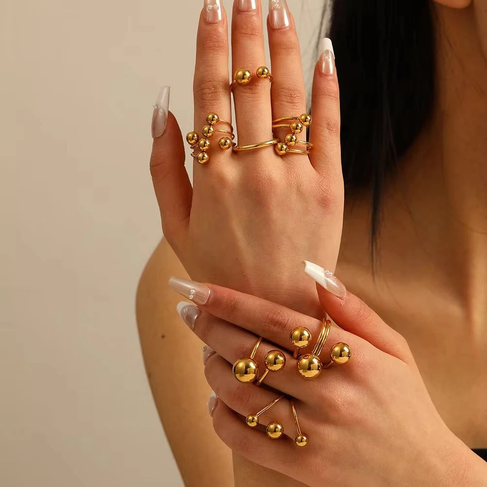 Irregular Beads Stainless Steel Rings For Women Men Open Adjustable Gold Color Chunky Ball Ring Minimalist Waterproof Jewelry