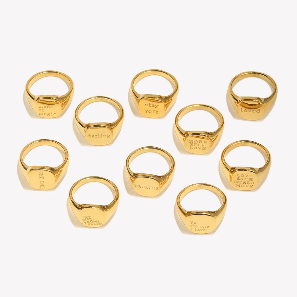E.B.belle Engrave Jewelry Gift Minimalist Letter Word Suqare Stainless Steel Ring Water Resistant Gold Ring Plated For Women