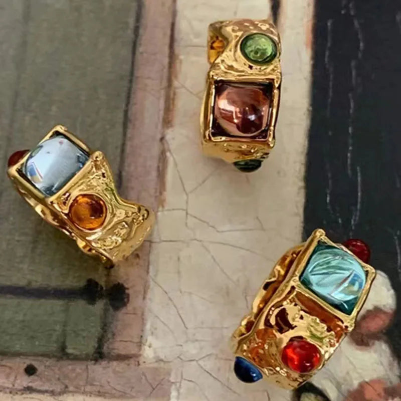 New Punk Tide Individuality Retro Geometric Hollowing Inlay Gem Rings SetLiquid State Metal Three-Piece Rings Set Paty Jewelry