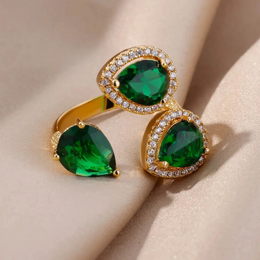 Luxury Stainless Steel Green Zircon Flower Rings For Women Snake Finger Ring Gold Plated Wedding Party Exquisite Jewelry New