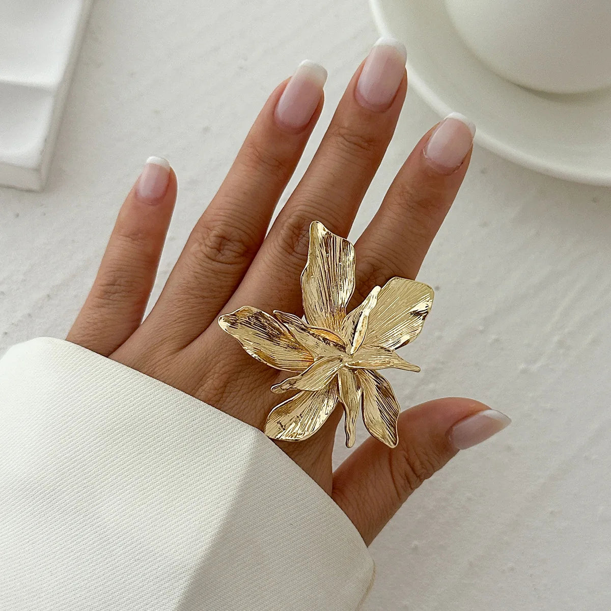 Double Layer Flower Adjustable Statement Ring for Women