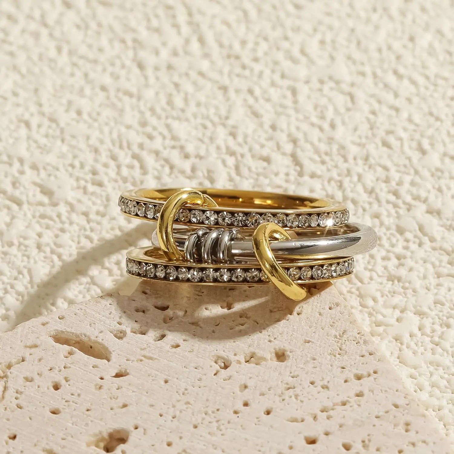 New Stainless Steel Cubic Zirconia Stackable Rings for Women 18k GoldPlating Multi-Link Connected Statement Ring Stack Jewelry