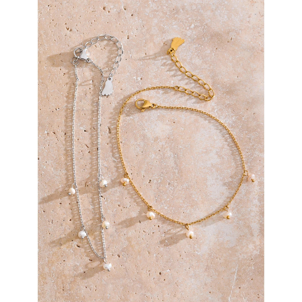 Yhpup Summer Arrival Natural Pearls Drop Chain Foot Accessories Anklet for Women Waterproof Sandy Beach Stainless Steel Jewelry