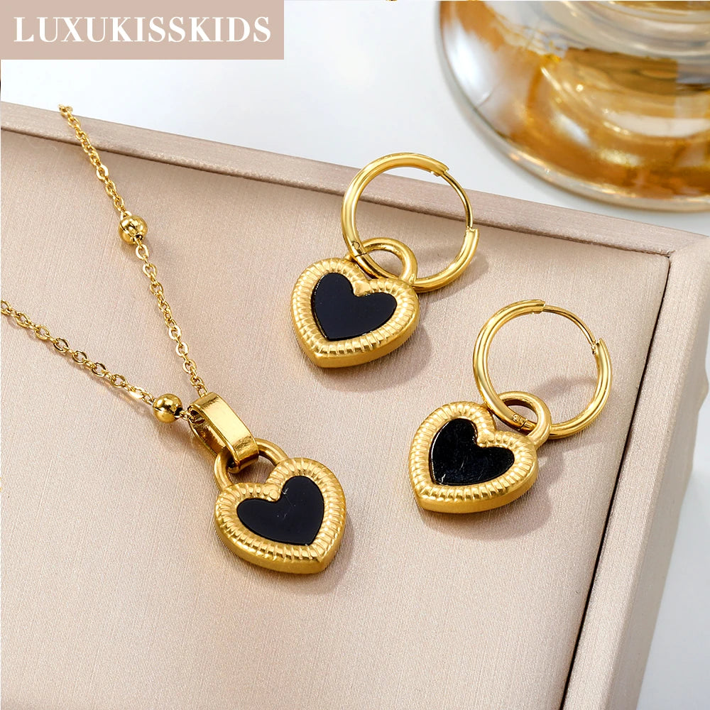 LUXUKISSKIDS Fashion Cubic Love Heart Minimalist Jewelry Set Necklace Earrings Bracelets Stainless Steel Women Party Accessories