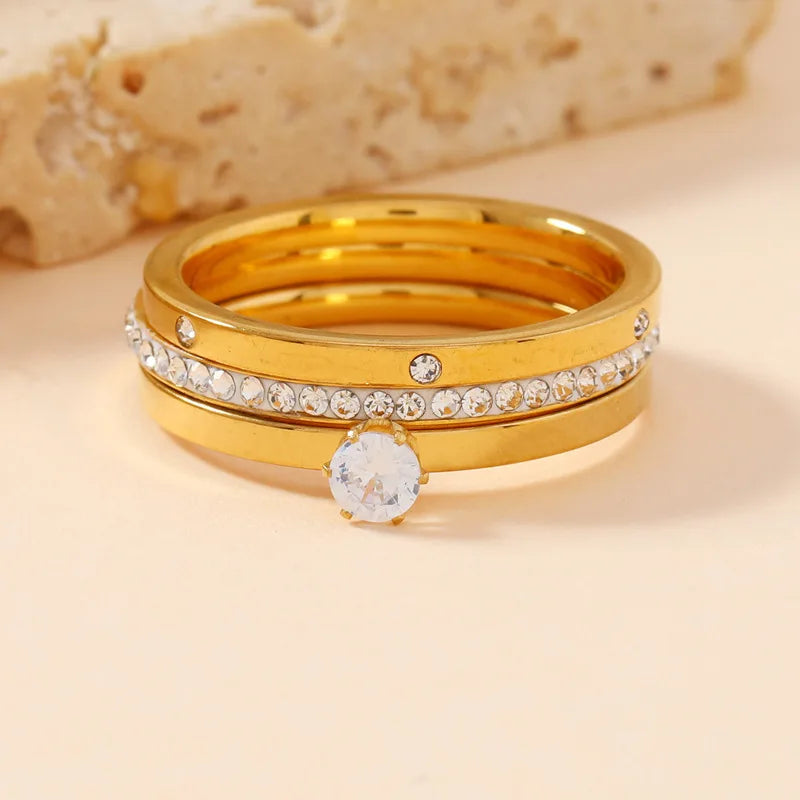Luxury Stainless Steel Ring For Women Three-Piece Set Zircon Classic Fashion Finger Accessory Jewelry Female Gifts Wholesale