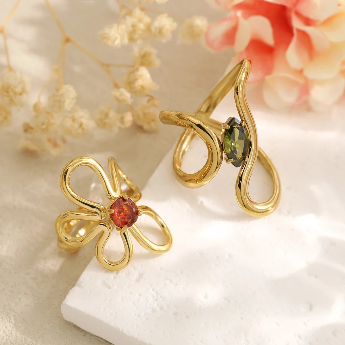 WILD & FREE 18K Gold Plated Stainless Steel Irregular Rings for Women Chic Exquisite Luxury Vintage Crystal Trendy Jewelry