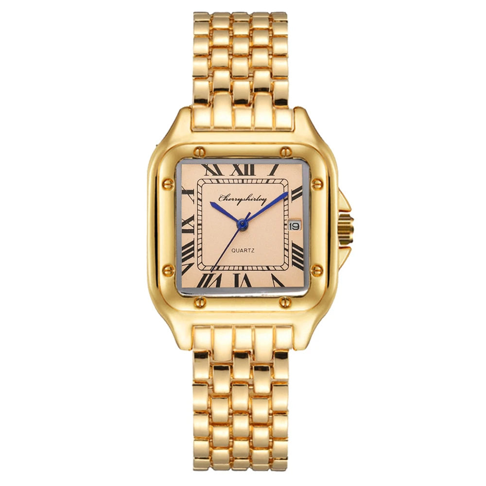 Luxury Branded Women Watches 2025 Simple Square Roman Calendar Women Quartz Watch Fashion Stainless Steel Strap Ladies Clock