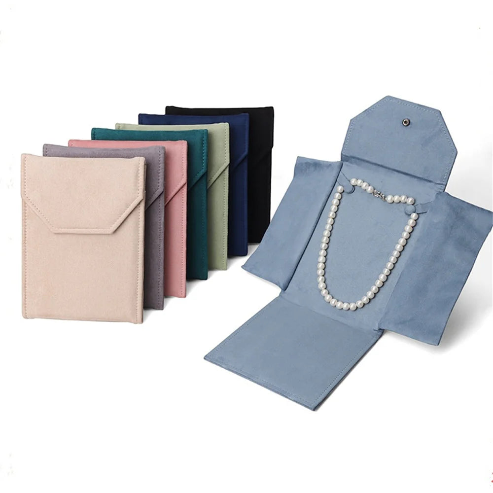 Velvet Jewelry Organizer Pouch Pearl Necklace Bag Portable Earring Ring Storage Bag Foldable Snap Button High-end Packaging Box