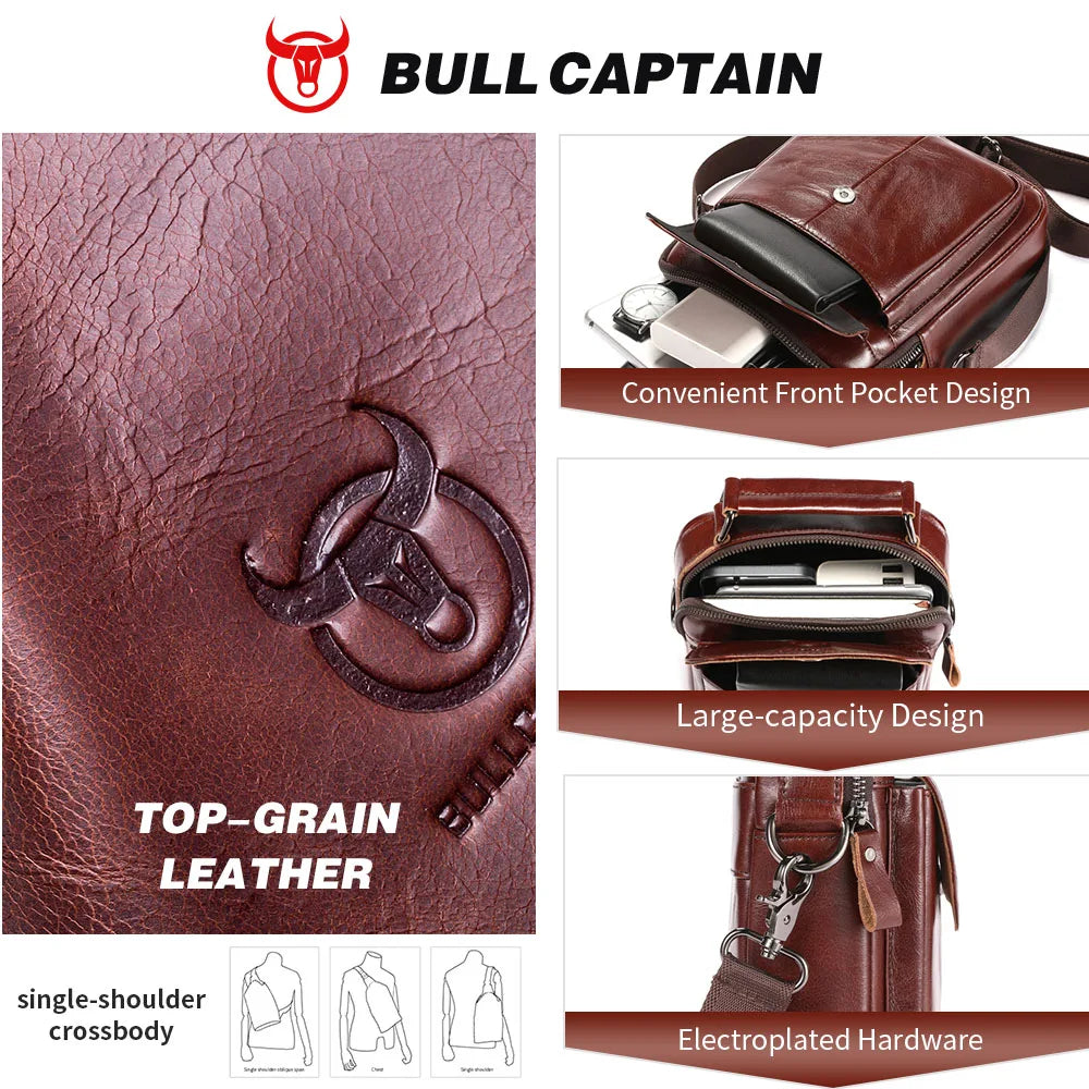 BULLCAPTAIN Men's Genuine Leather Shoulder Bag Multifunctional 7.9-inch Tablet Handbag Retro Casual Crossbody Bag Cowhide