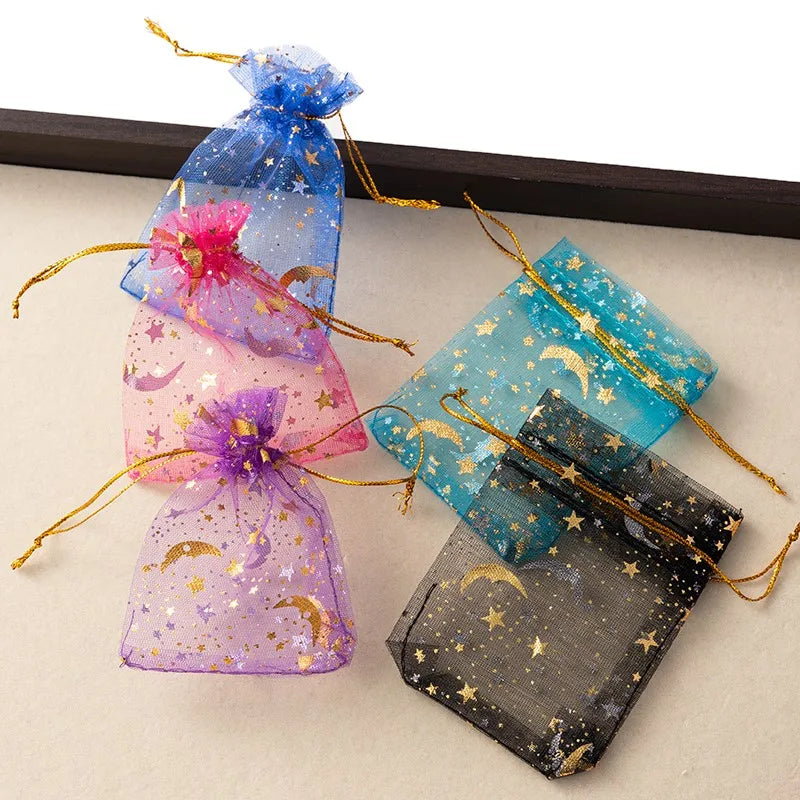 50pcs Mixed Color Moon Star Organza Bags Jewelry Candy Pouch Drawstring For Small Businesses Party Favors Packaging Supplies