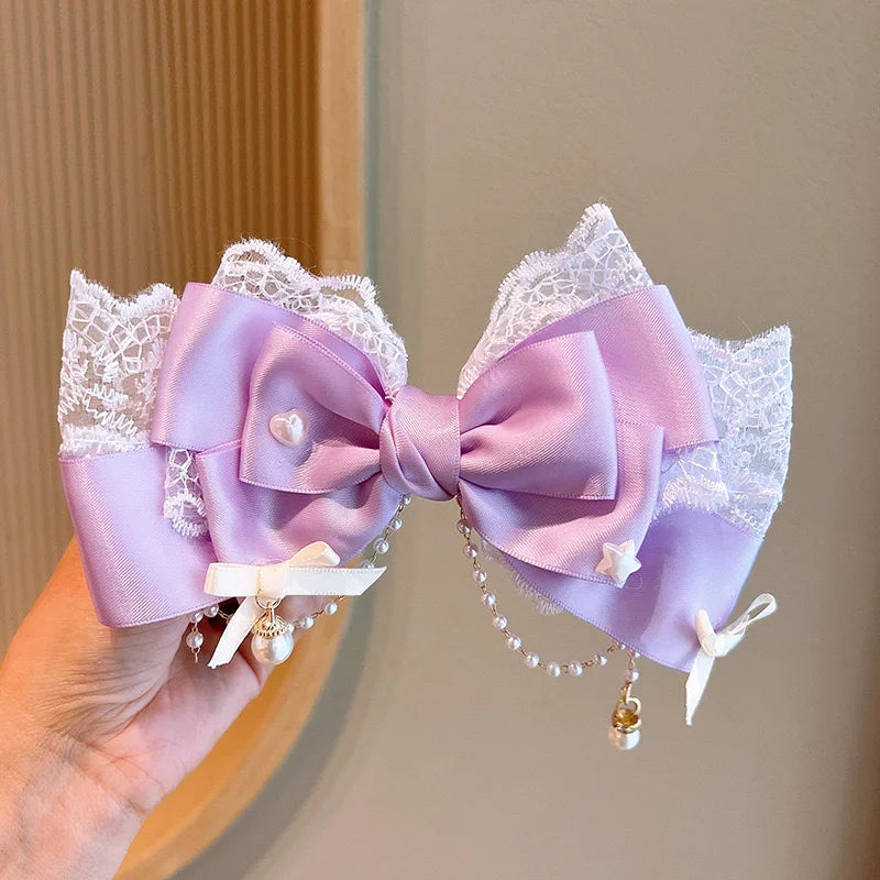 Lolita Bow Lace Hair Clip Headpiece Cosplay Headwear Women Hair Accessories Lolita Handmade Lace Pearl Hair Band Headband Bow
