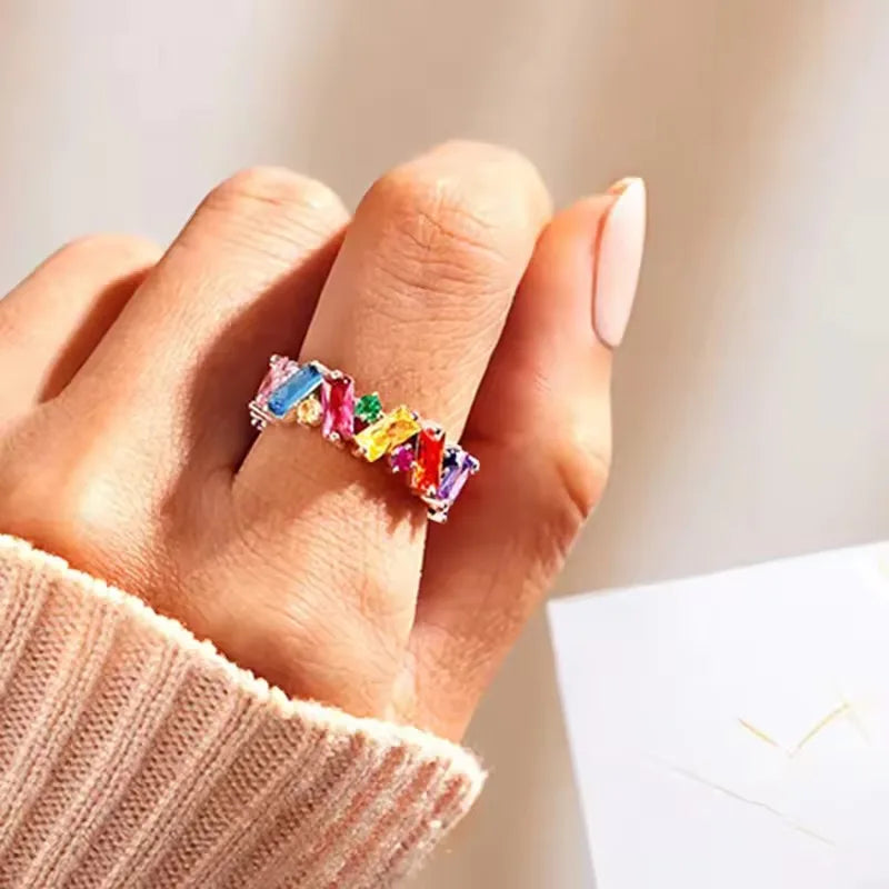 New Irregualr Design Colorful CZ Women Rings Gold Color/Silver Color Geometric CZ Rainbow Rings Luxury Trendy Exquisite Jewelry
