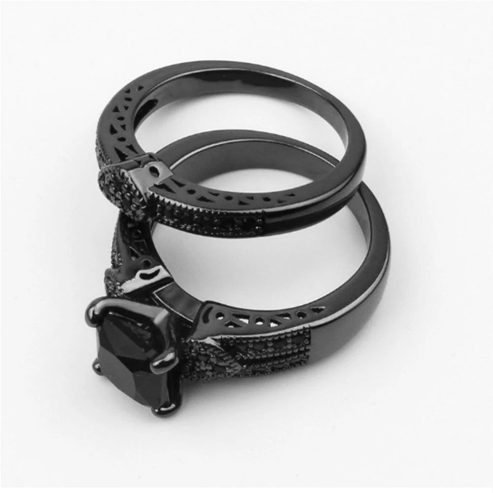 Gorgeous Black Full Zircon Couple Ring Fashion Men's Stainless Steel Ring Elegant Women's Heart-shaped 2pcs Wedding Jewelry Gift