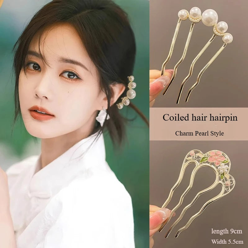 2025 New Hairpin Female Disc Hair Artifact U-shaped Fixed Four Toothed Insert Comb Hairpin Ancient Style Flower Headpiece