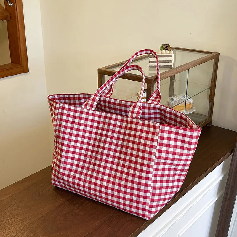Large Capacity Plaid Women's Canvas Shoulder Bags Simple Commuter Female Shopping Bag College Girls Book Tote Travel Handbags