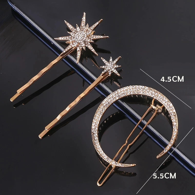 New Geometric Stars Moon Rhinestone Hair Clip Set Snowflake Star bride Hairpins Women Side Clip Hair Barrettes Hair Accessories