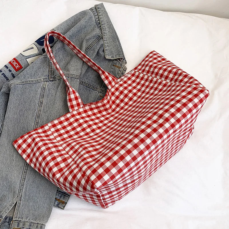 Large Capacity Plaid Women's Canvas Shoulder Bags Simple Commuter Female Shopping Bag College Girls Book Tote Travel Handbags