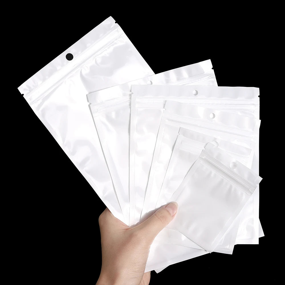 30-100pcs White Plastic Jewelry Bags Self Seal Zipper Retail Packaging Pack Bag for Earring Jewelry Display Storage Supplies