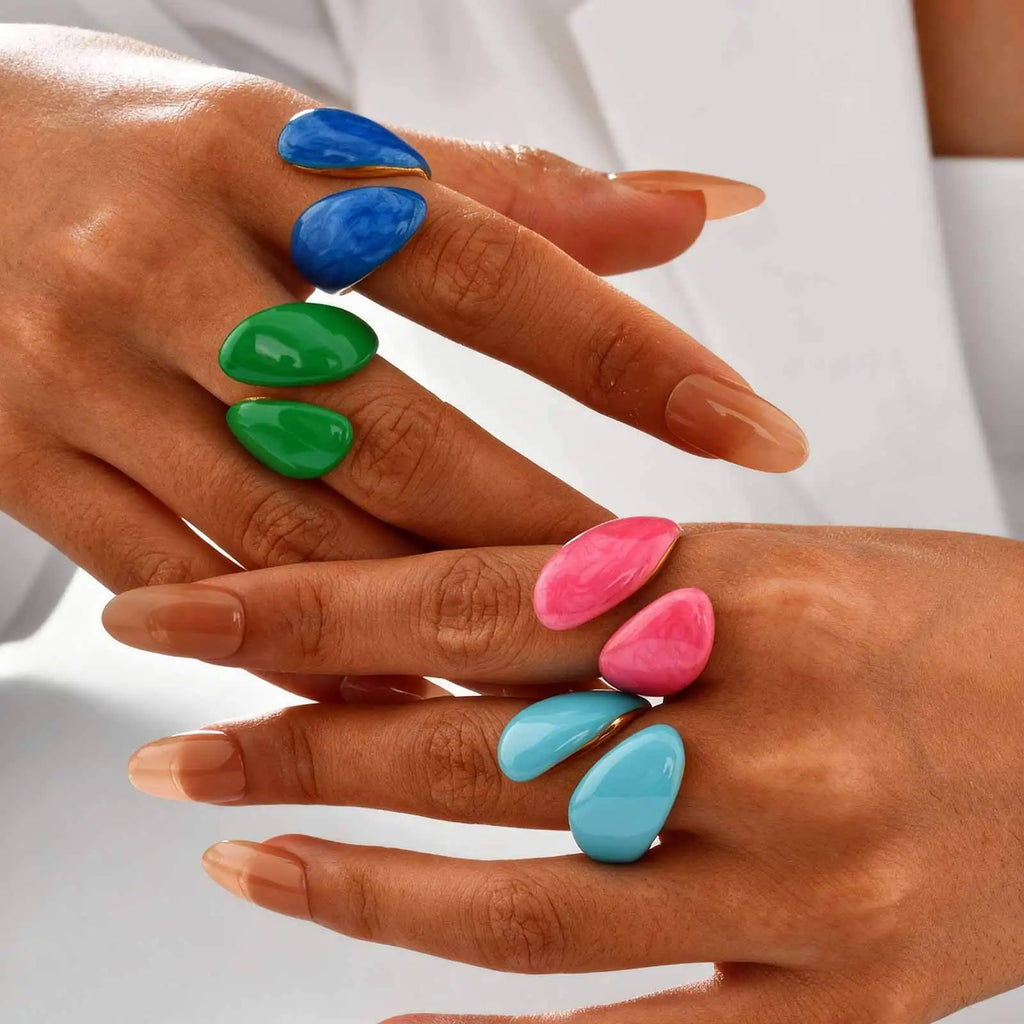Chunky Open Twist Stackable Rings for Women, Blue Geometric Bold Enamel Crossover Statement Ring Band Waterproof