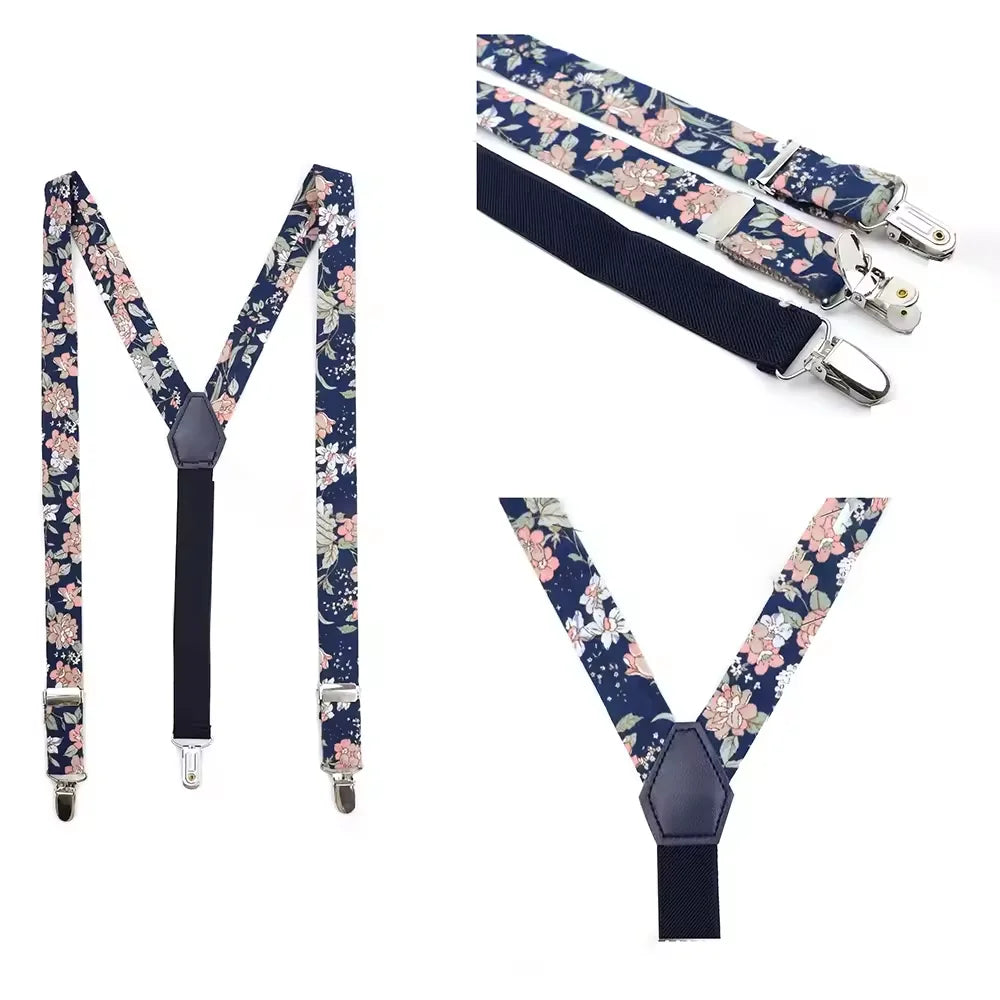 3-Piece Set With Square Scarf And Printed Floral Cotton Bowtie Suspender  For Parents-Kids Bowtie Suspender As Shirt Accessory