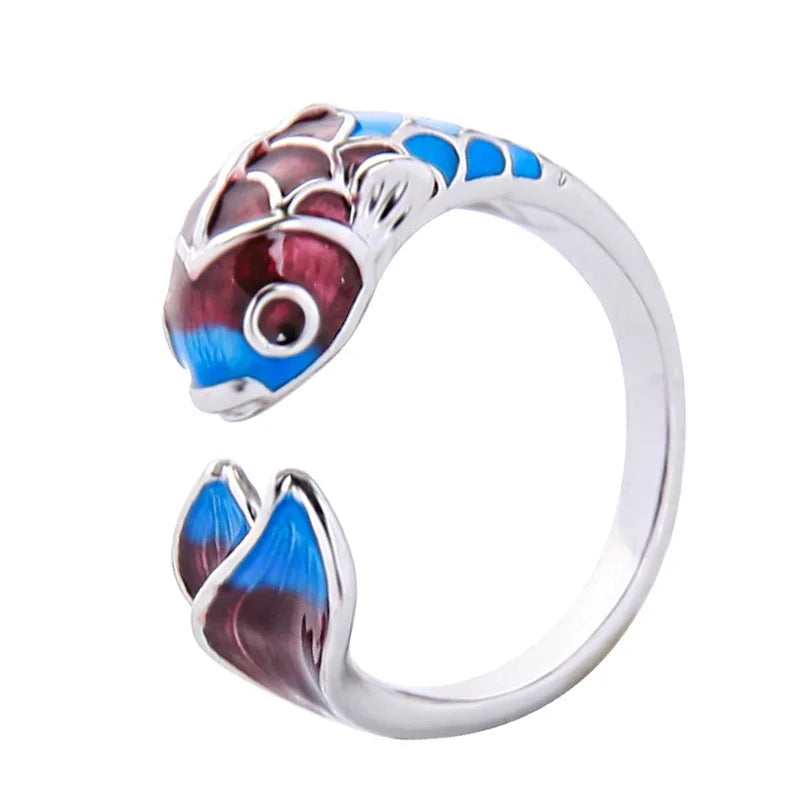 Silver Enamel Color Koi Fish Adjustable Ring Chinese Classical Niche Design Elegant Charm Ladies Brand Jewelry Party Gift