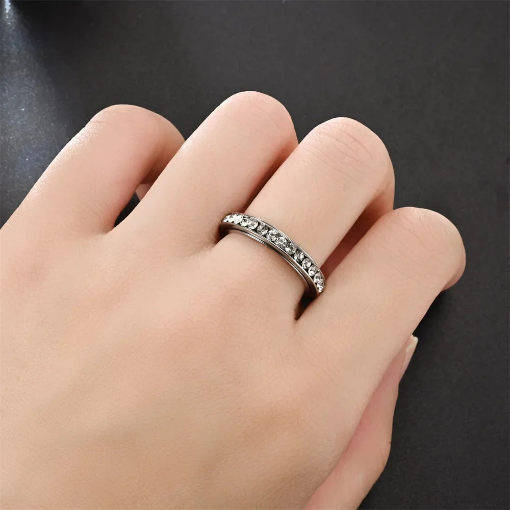 4MM Stainless Steel Spinner Finger Rings For Women Crystal Rotatable Wedding Ring Men Fashion Anniversary Party Jewelry