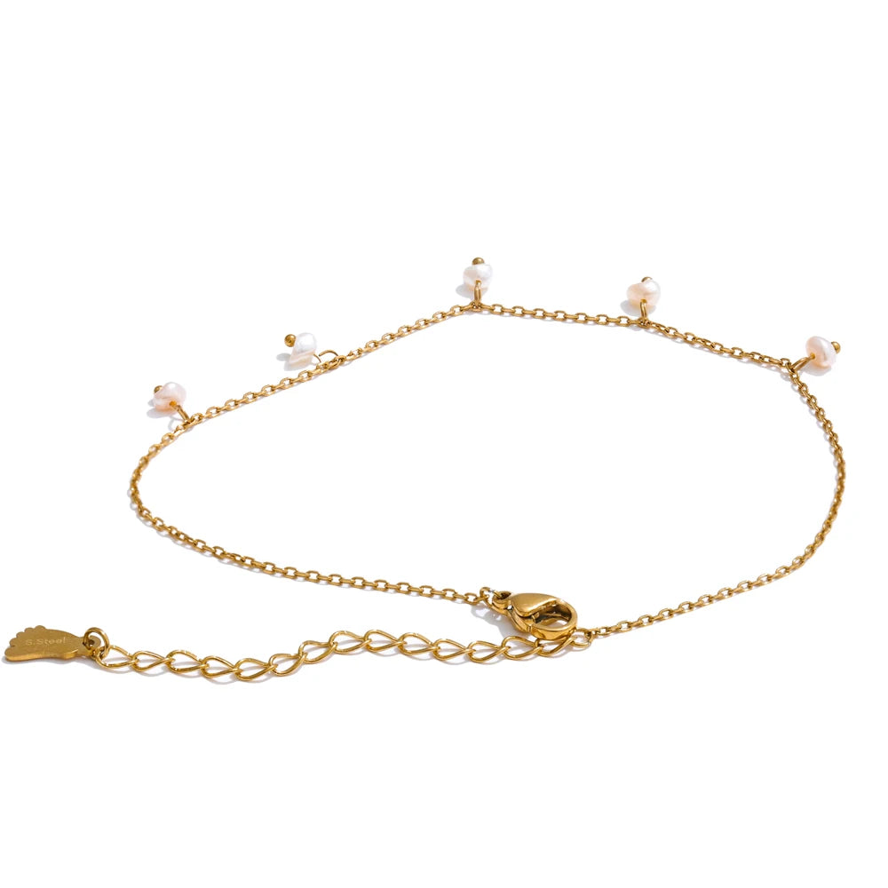 Yhpup Summer Arrival Natural Pearls Drop Chain Foot Accessories Anklet for Women Waterproof Sandy Beach Stainless Steel Jewelry