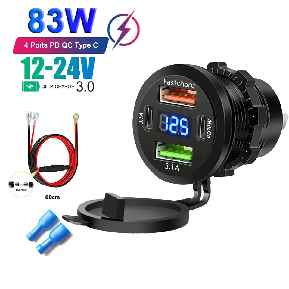 4-Port Car Charger – Dual USB & Type-C Fast Charging with Voltmeter