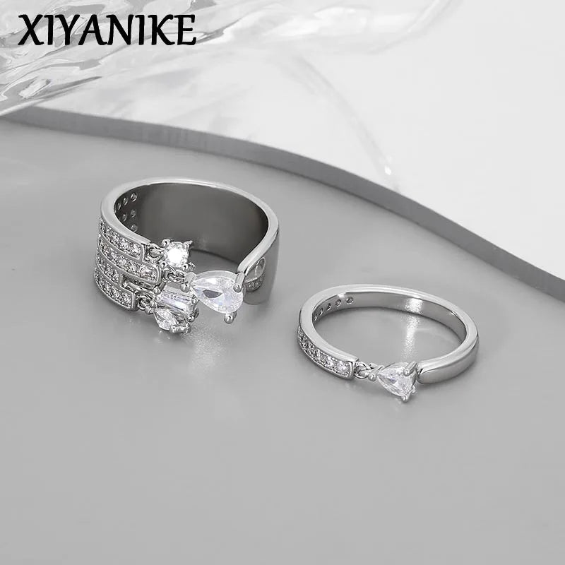 XIYANIKE Niche Waterdrop Zircon Cuff Finger Rings For Women Girl Fashion New Jewelry Friend Gift Party Wedding Anillos Mujer