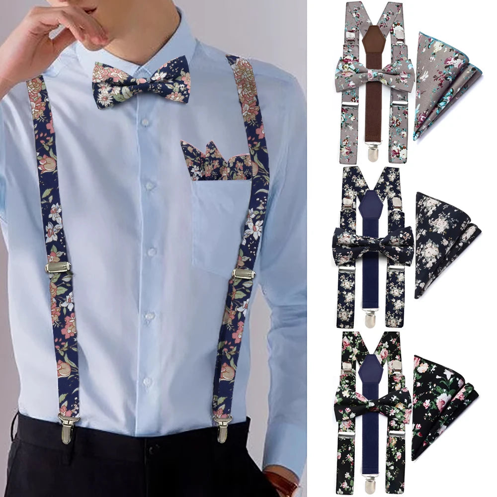 3-Piece Set With Square Scarf And Printed Floral Cotton Bowtie Suspender  For Parents-Kids Bowtie Suspender As Shirt Accessory