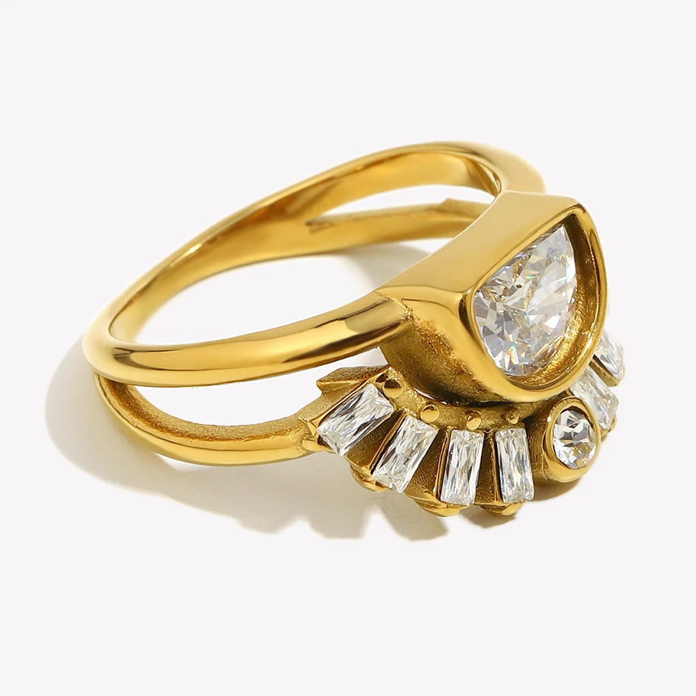 E.B.belle Stainless Steel Rhinestone Jewelry Elegant Sun Layer Shaped Ring  Tarnish Free For Women's Gift Party