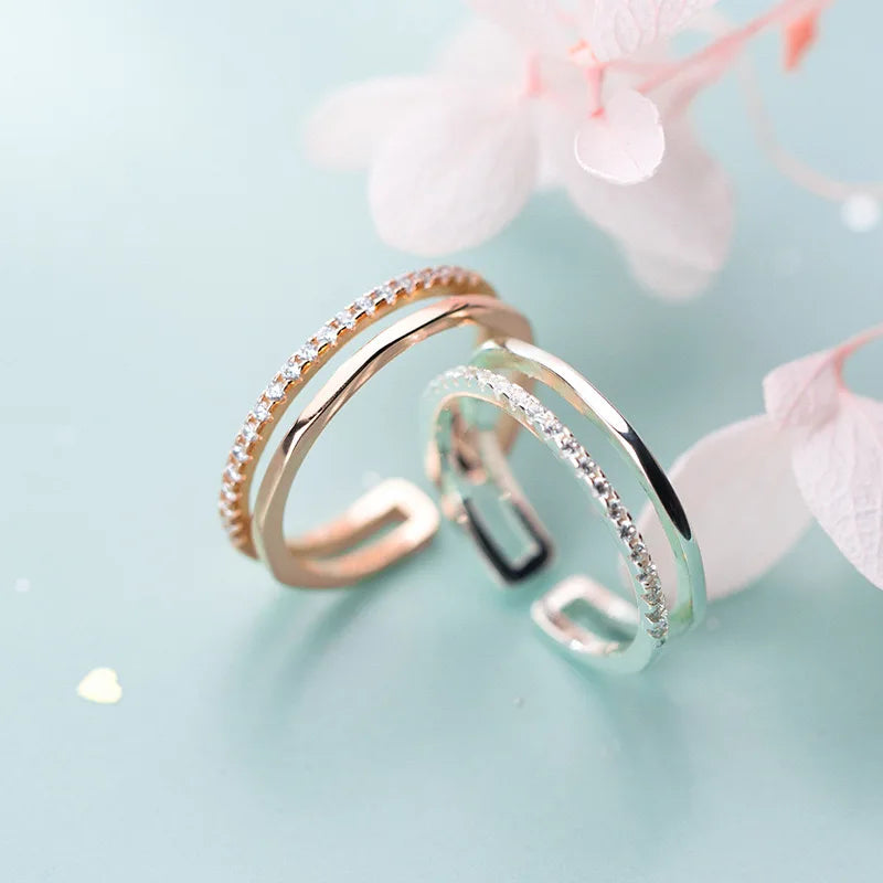 925 Sterling Silver Rings for Women Men Couple Minimalist Handmade Double Zircon Ring Party Jewelry Gift Prevent Allergy