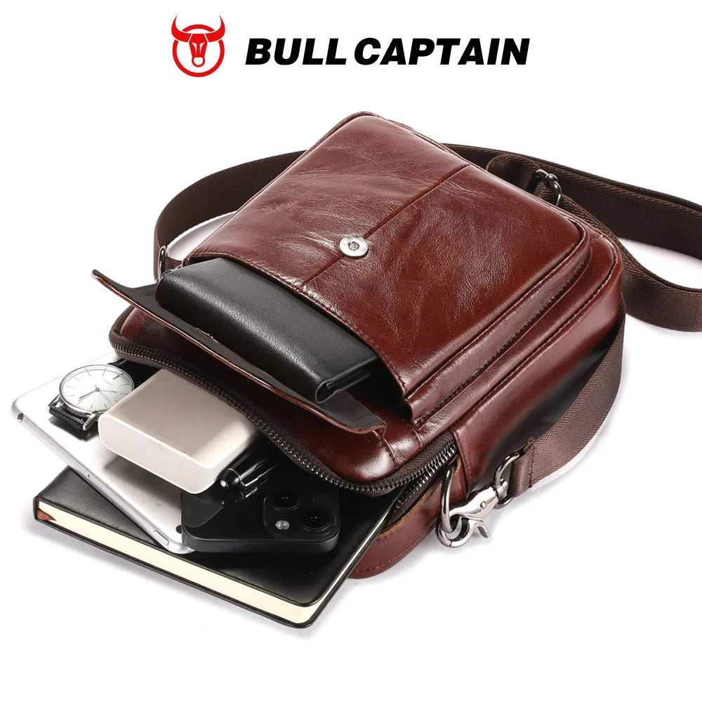 BULLCAPTAIN Men's Genuine Leather Shoulder Bag Multifunctional 7.9-inch Tablet Handbag Retro Casual Crossbody Bag Cowhide