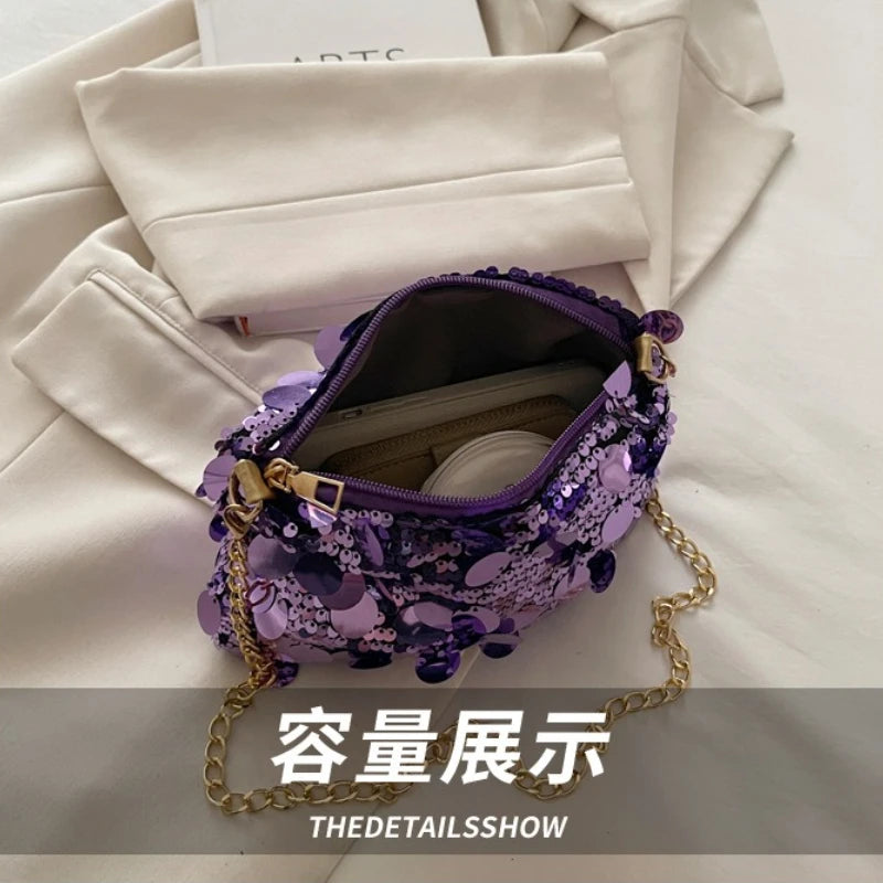Sequin Evening Party Shoulder Bags for Women Lightweight Portable Ladies Chain Crossbody Bag Solid Color Casual Female Handbag
