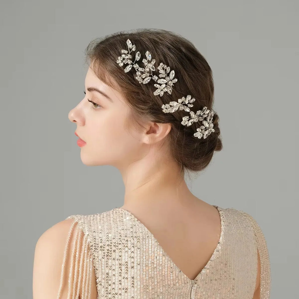 Bride U-shaped Hairpins Wedding Hair Accessories Rhinestone Leaf Shaped Hair Clips Fashion Party Side Comb Hair Jewelry Sets